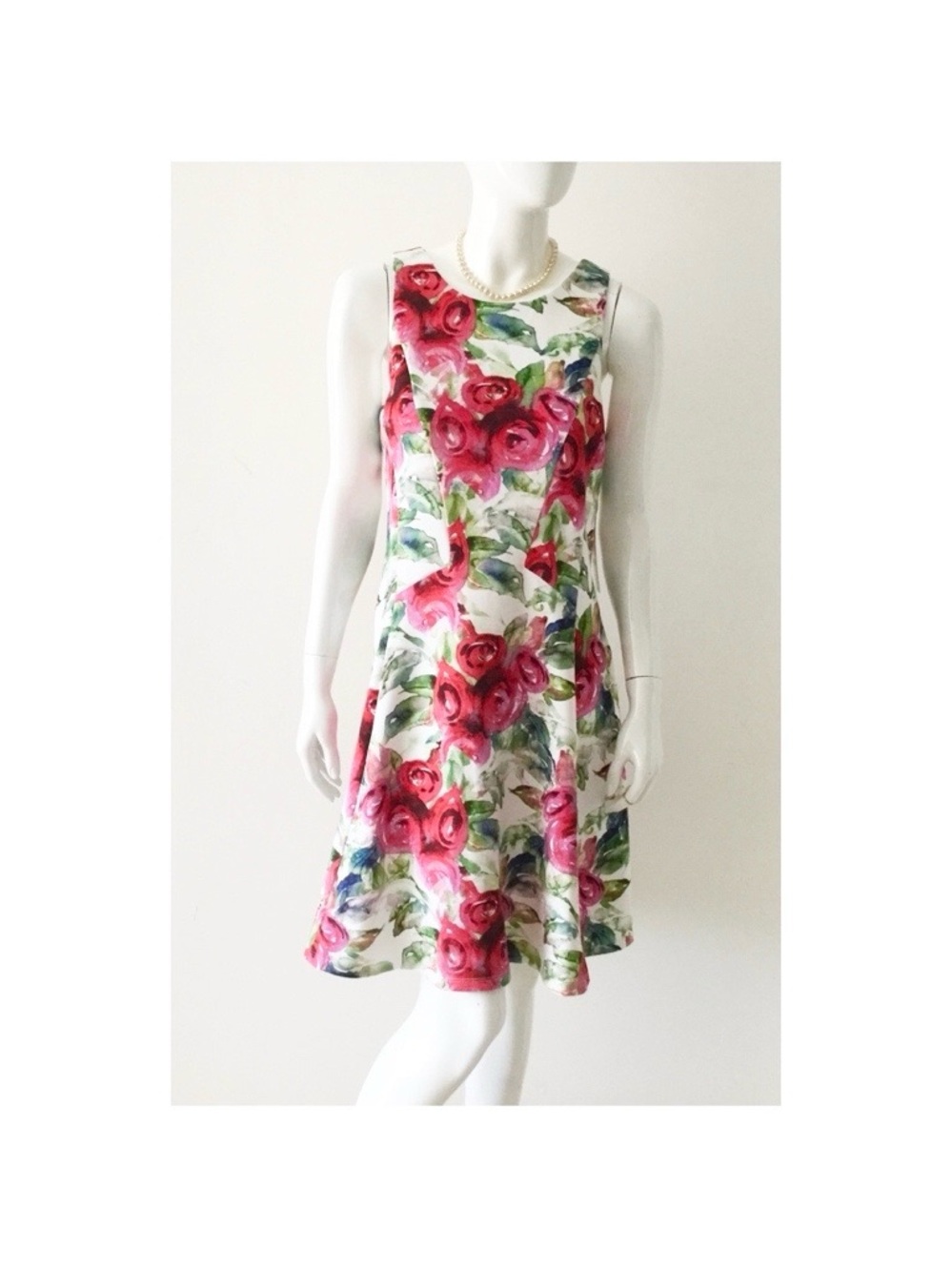Chetta B Floral Rose Fit & Flare Dress Sleeveless White Red NWT Size 12